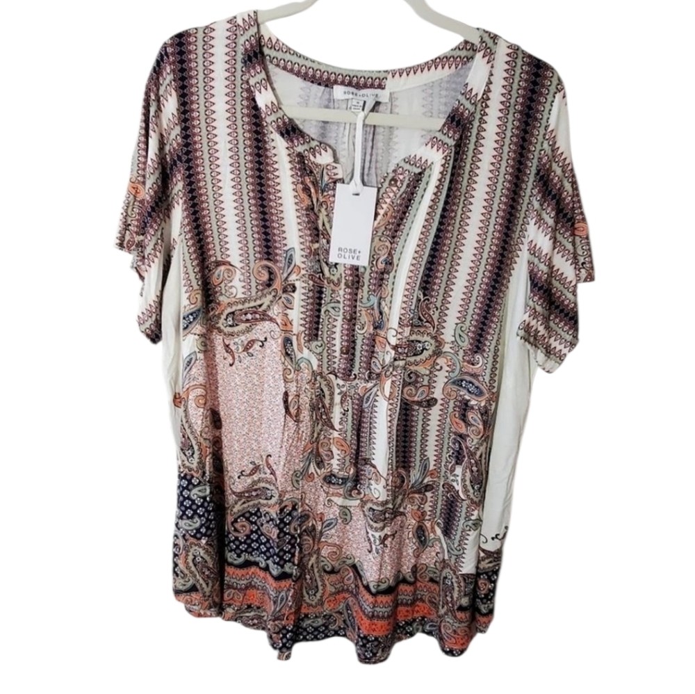 Rose + Olive Womens 1X Paisley Henley Short Sleeve Top Multi-Color‎ Boho Blouse